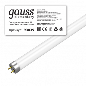 Лампа Gauss Elementary T8 20W 1600lm 6500K G13 1200mm стекло LED 1/30